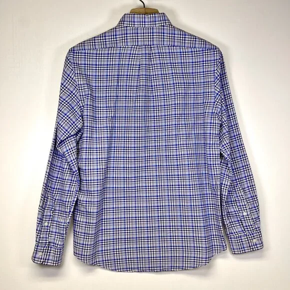 Ralph Lauren Mens Large Navy Blue White Plaid Shirt Long Sleeve Flesh Pony Logo